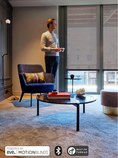 MSBT 的 HomeKit 智慧電動窗簾使用歐洲進口馬達 Eve MotionBlinds，原生 Thread，連線更安全穩定
